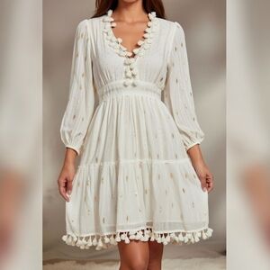 #022 Elegant White Pom-Pom Dress